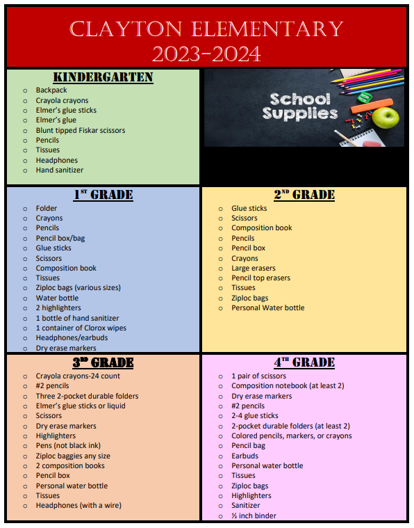 School Supply List 2023 - 2024 - North Clayton Middle School