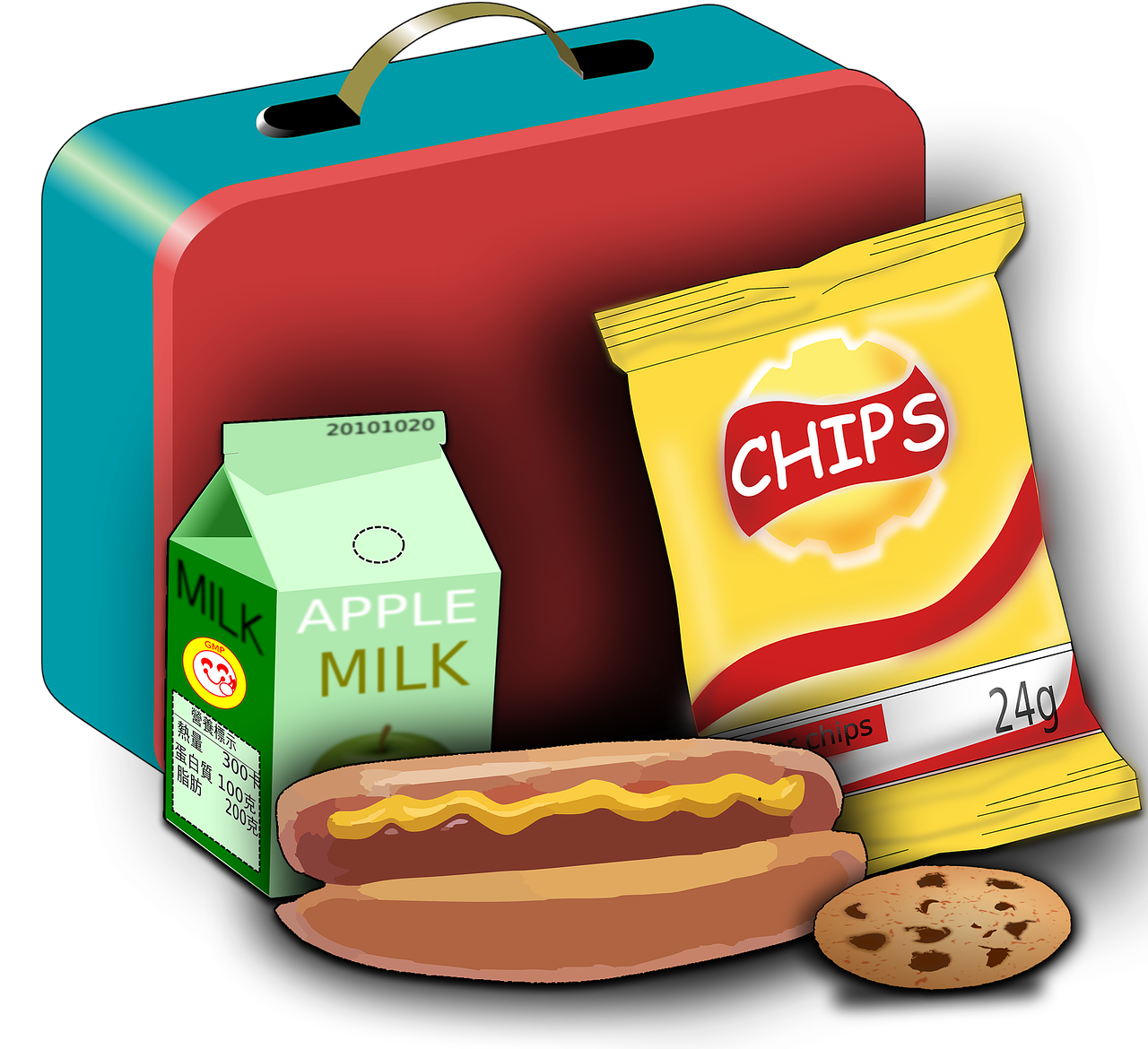 lunch box with milk, chips, and hot dog